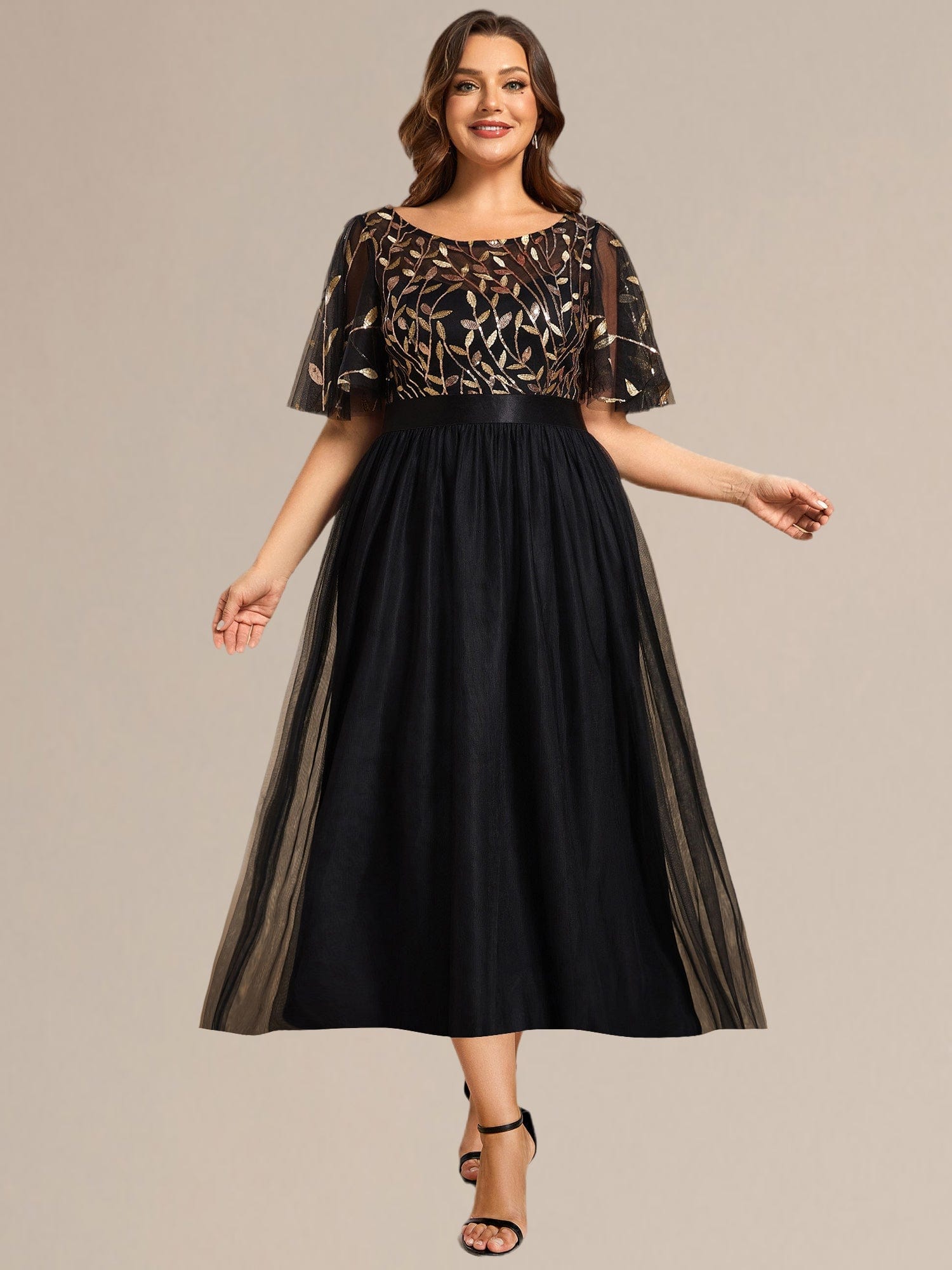 Plus Size Sequin Leaf Midi Evening Dresses #color_Black Gold