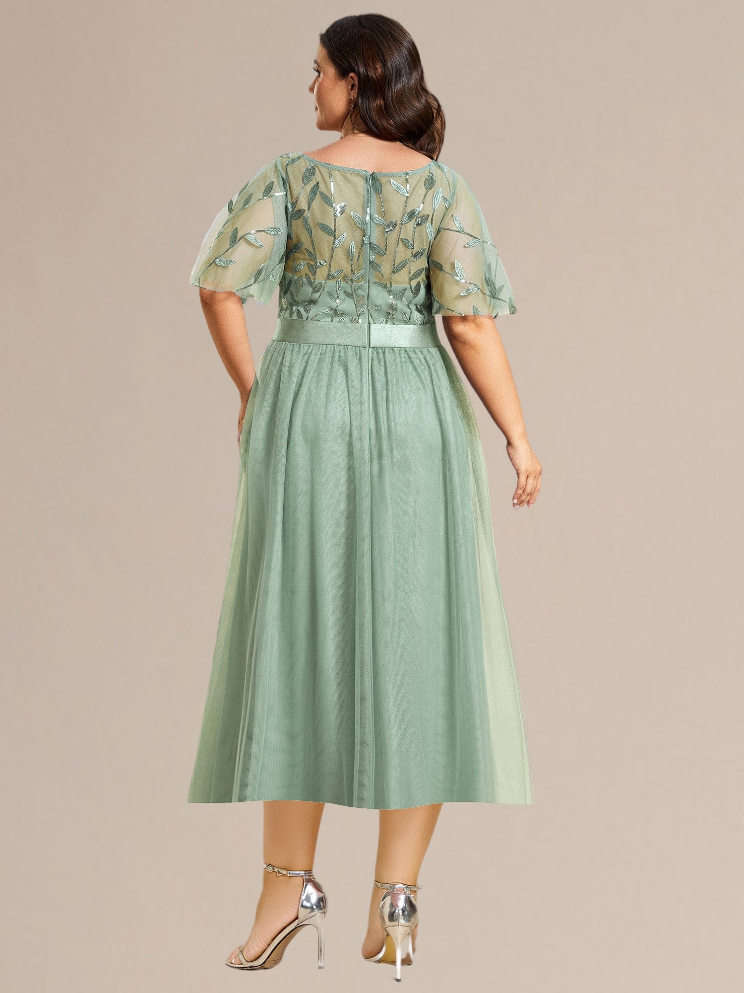 Plus Size Sequin Leaf Midi Evening Dresses #color_Mint Green