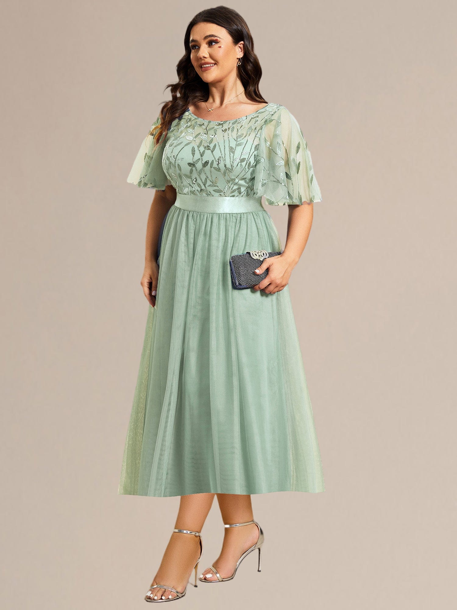 Plus Size Sequin Leaf Midi Evening Dresses #color_Mint Green