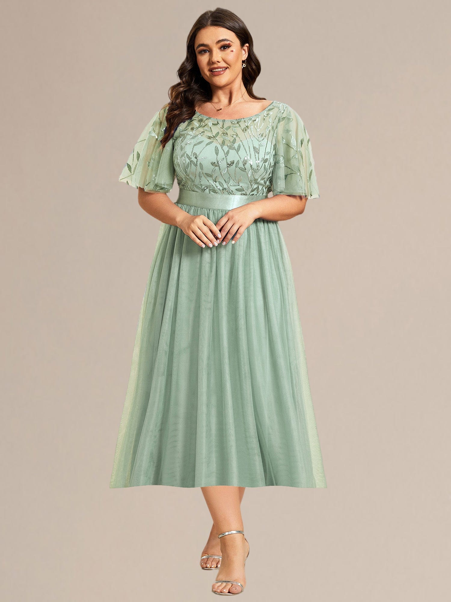 Plus Size Sequin Leaf Midi Evening Dresses #color_Mint Green