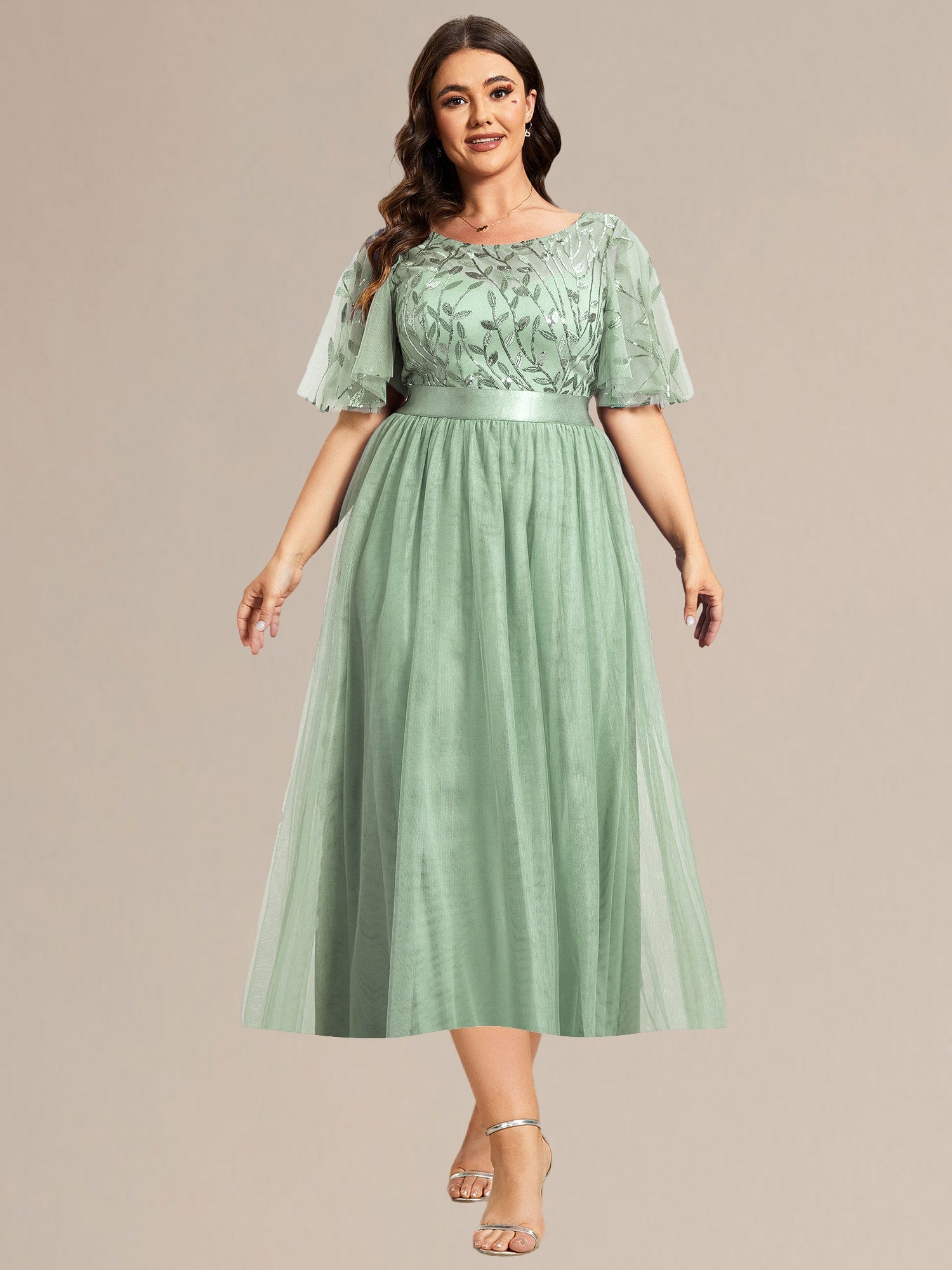 Plus Size Sequin Leaf Midi Evening Dresses #color_Mint Green