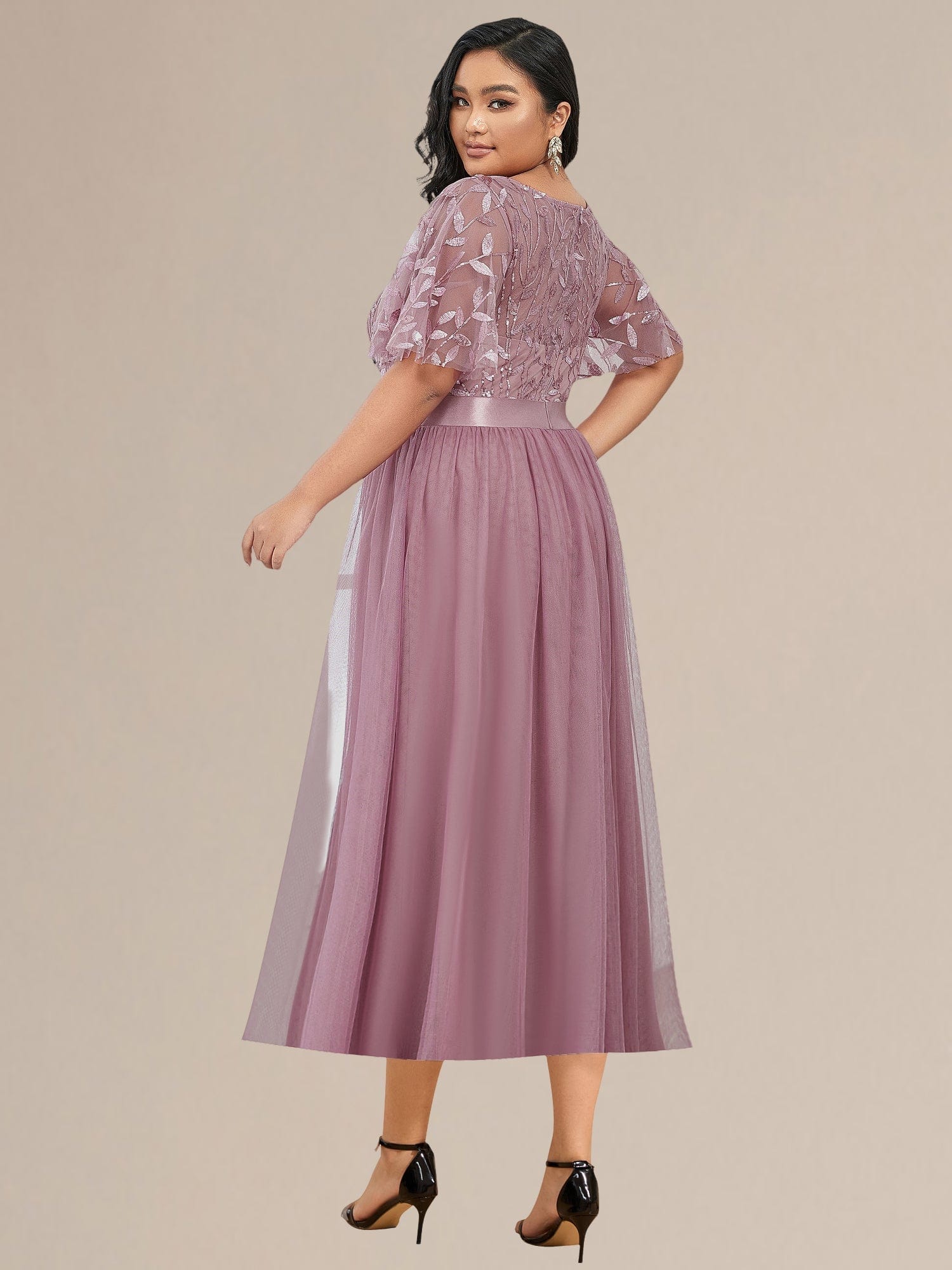Plus Size Sequin Leaf Midi Evening Dresses #color_Purple Orchid