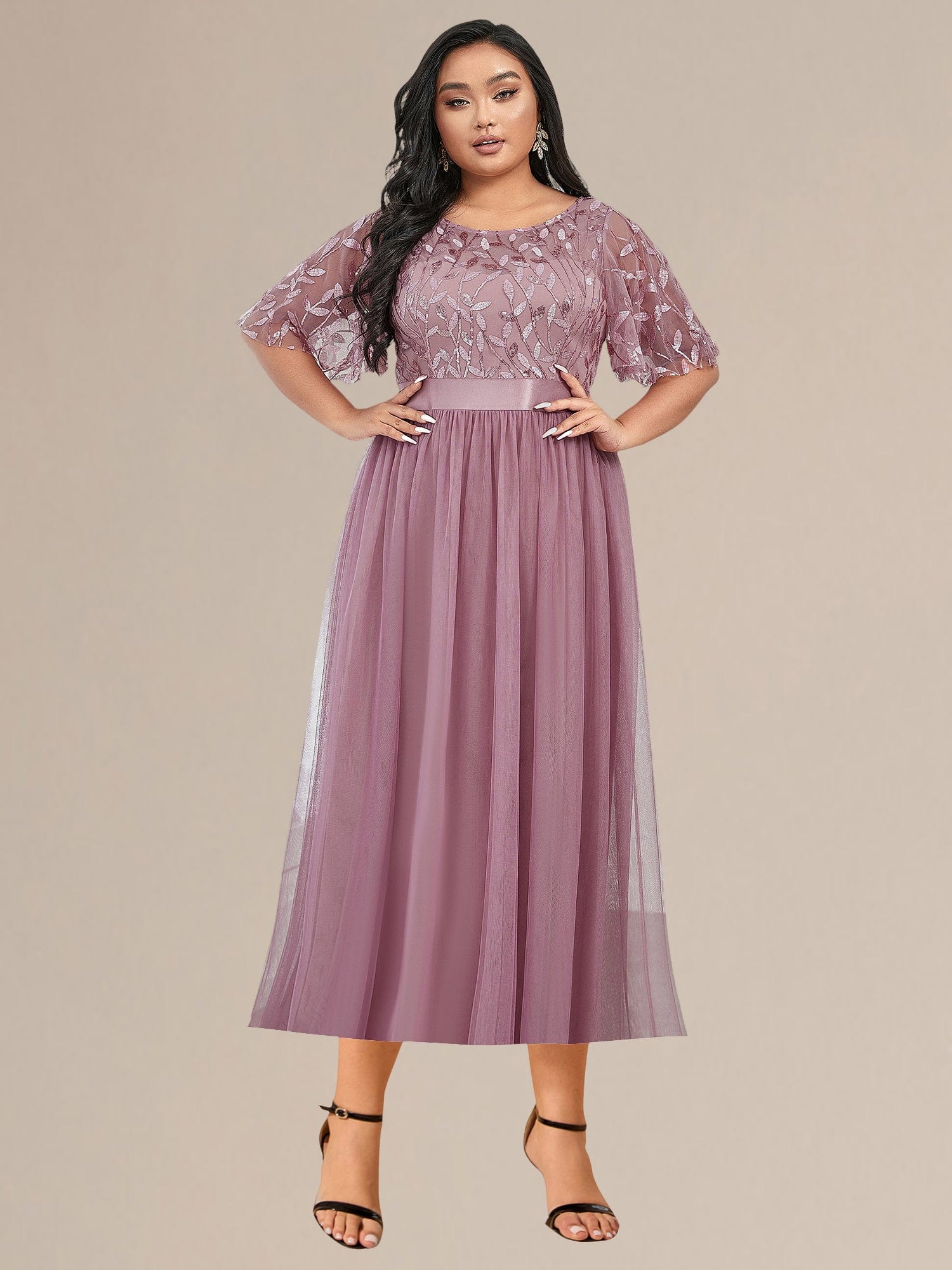 Plus Size Sequin Leaf Midi Evening Dresses #color_Purple Orchid