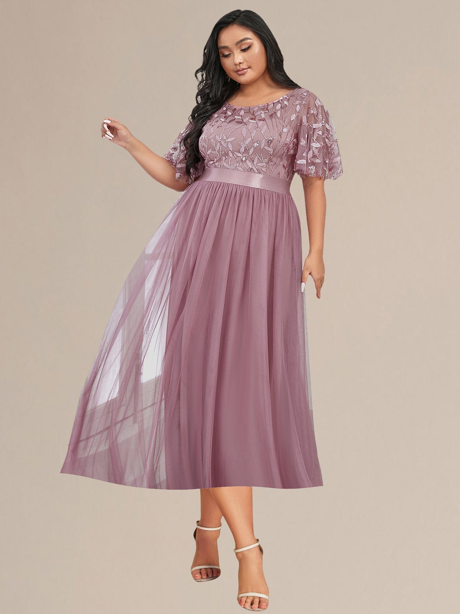Plus Size Sequin Leaf Midi Evening Dresses #color_Purple Orchid