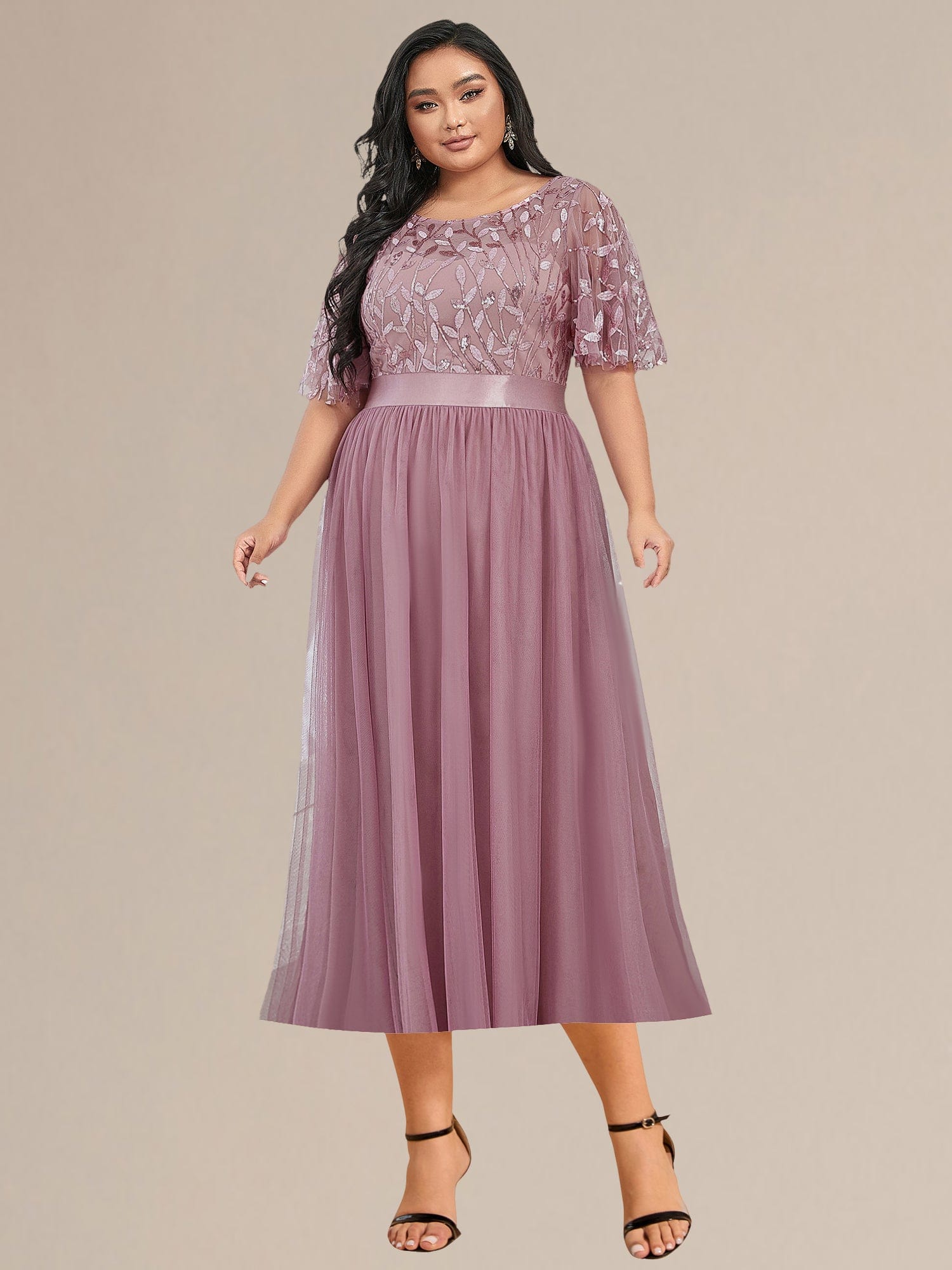 Plus Size Sequin Leaf Midi Evening Dresses #color_Purple Orchid