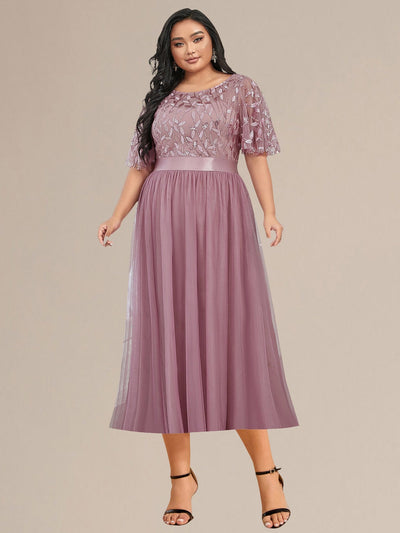 Plus Size Sequin Leaf Midi Evening Dresses #color_Purple Orchid