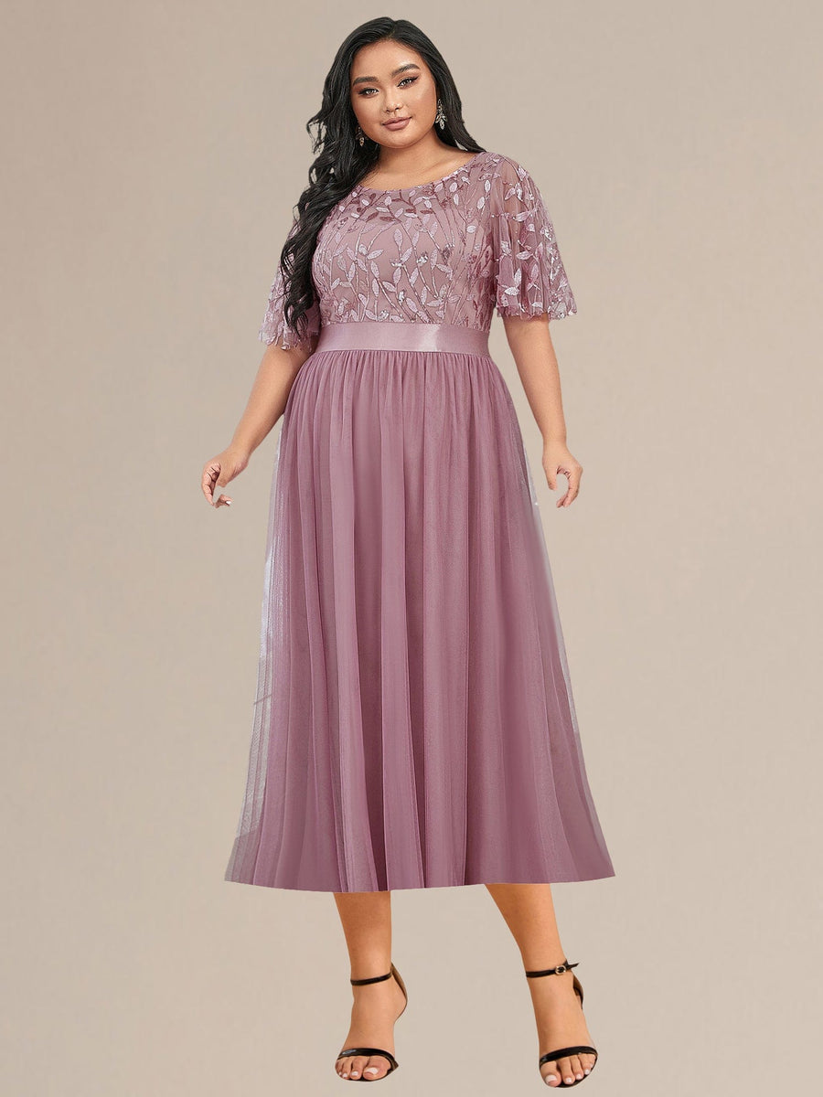 Plus Size Sequin Leaf Midi Evening Dresses #color_Purple Orchid