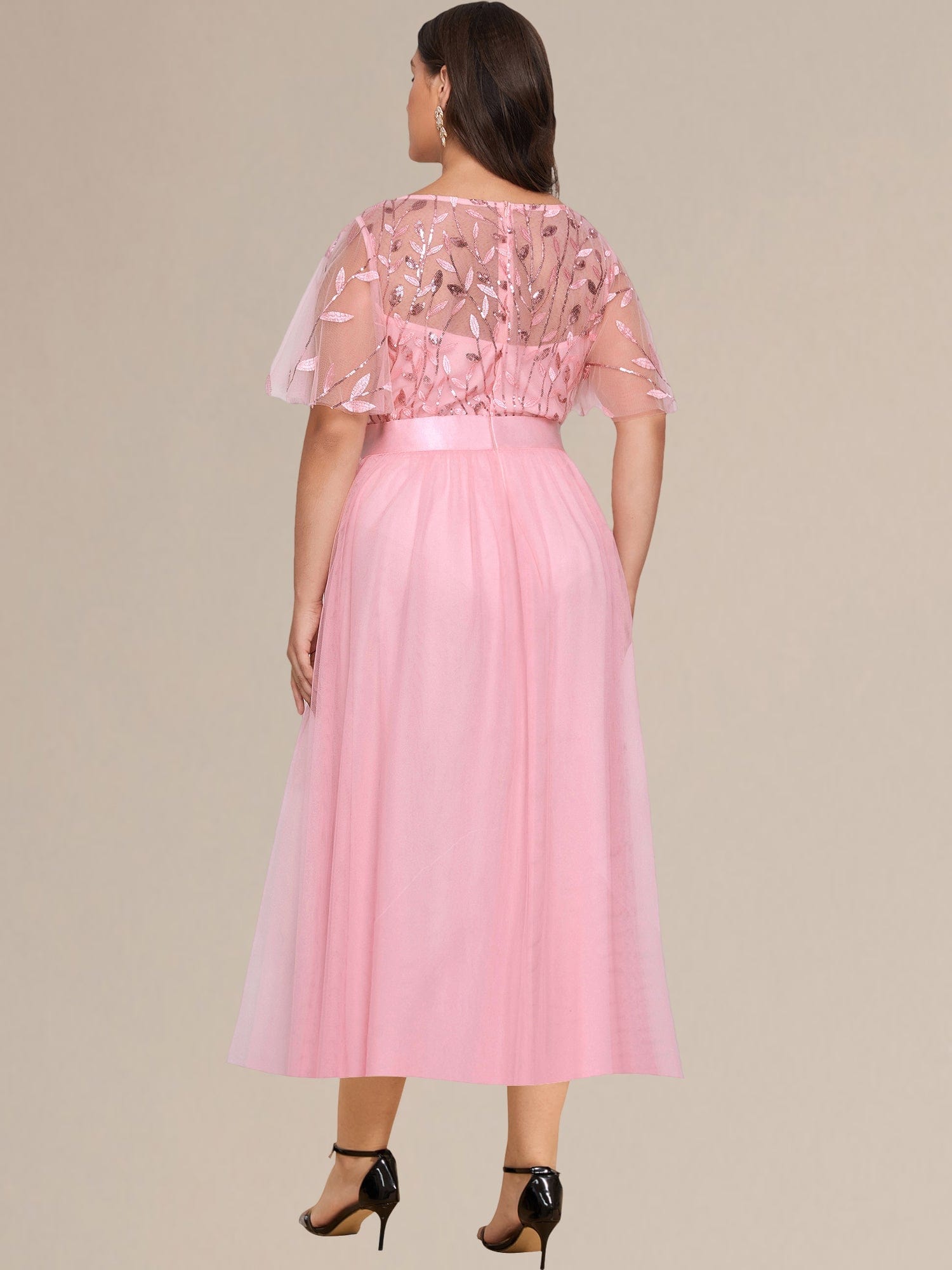 Plus Size Sequin Leaf Midi Evening Dresses #color_Pink