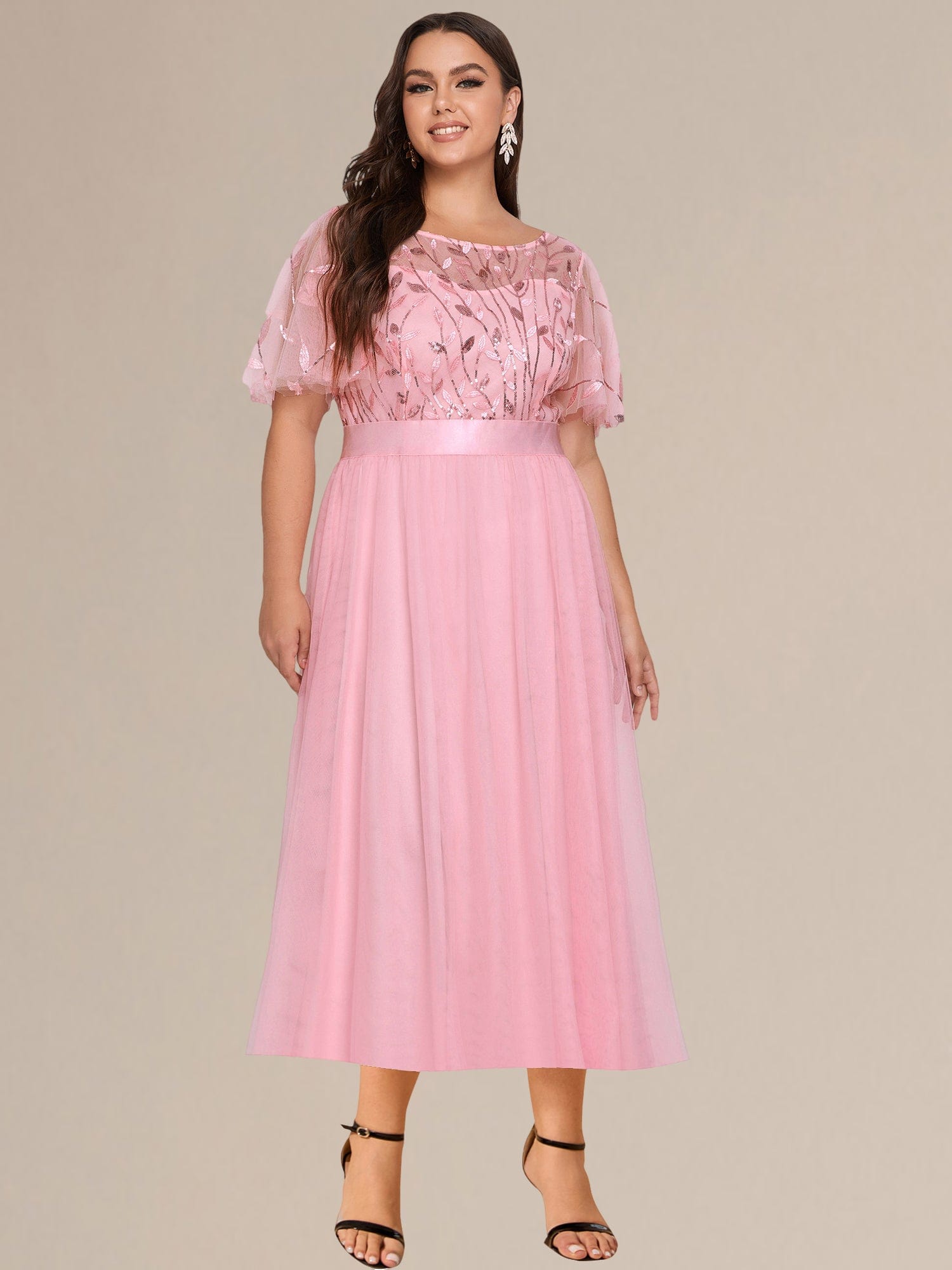 Plus Size Sequin Leaf Midi Evening Dresses #color_Pink