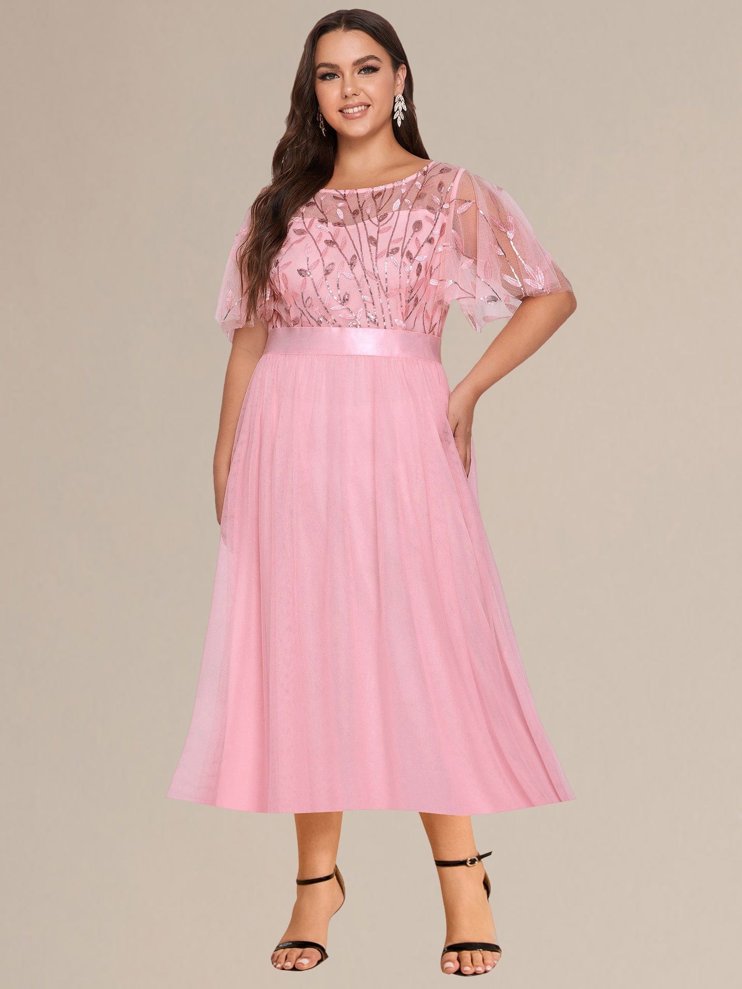 Plus Size Sequin Leaf Midi Evening Dresses #color_Pink