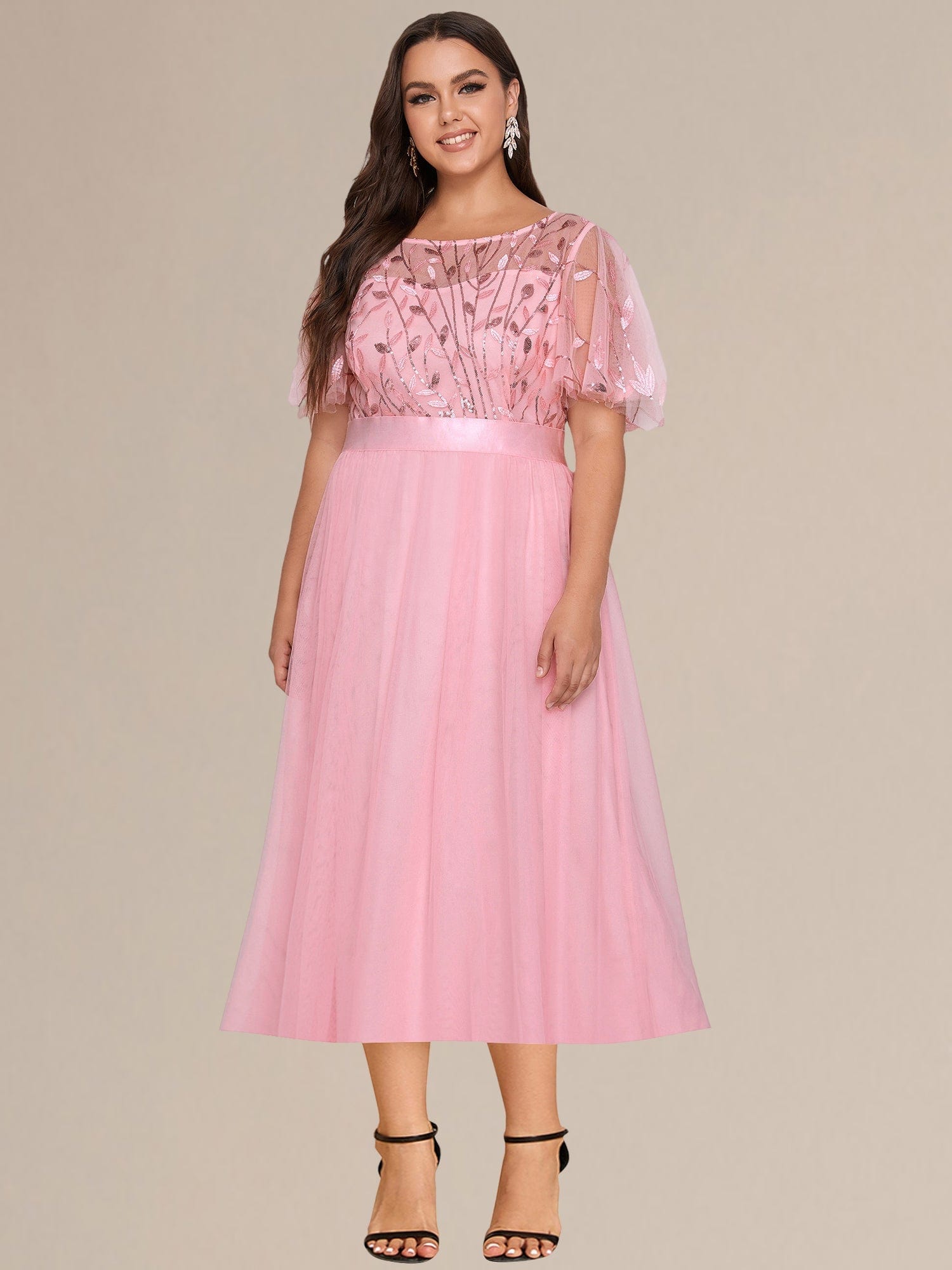 Plus Size Sequin Leaf Midi Evening Dresses #color_Pink