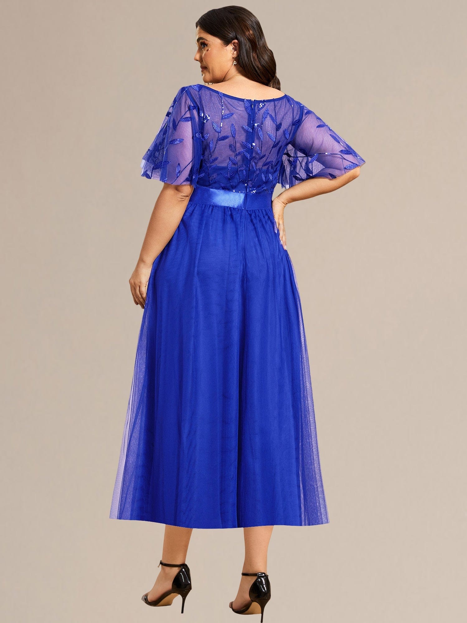 Plus Size Sequin Leaf Midi Evening Dresses #color_Sapphire Blue