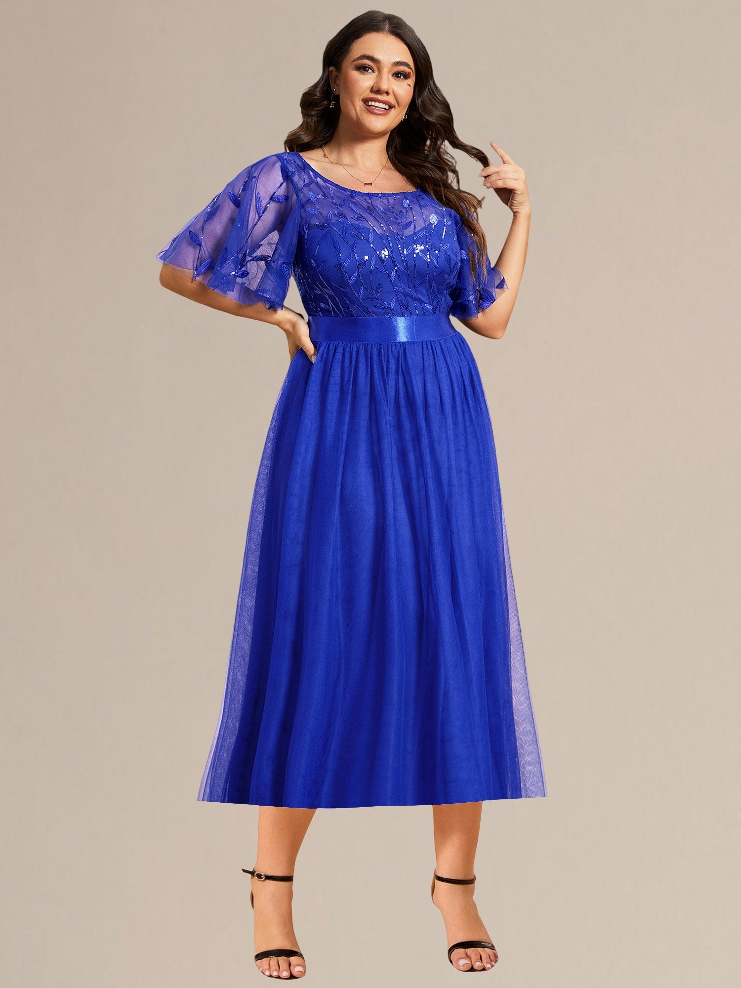 Plus Size Sequin Leaf Midi Evening Dresses #color_Sapphire Blue