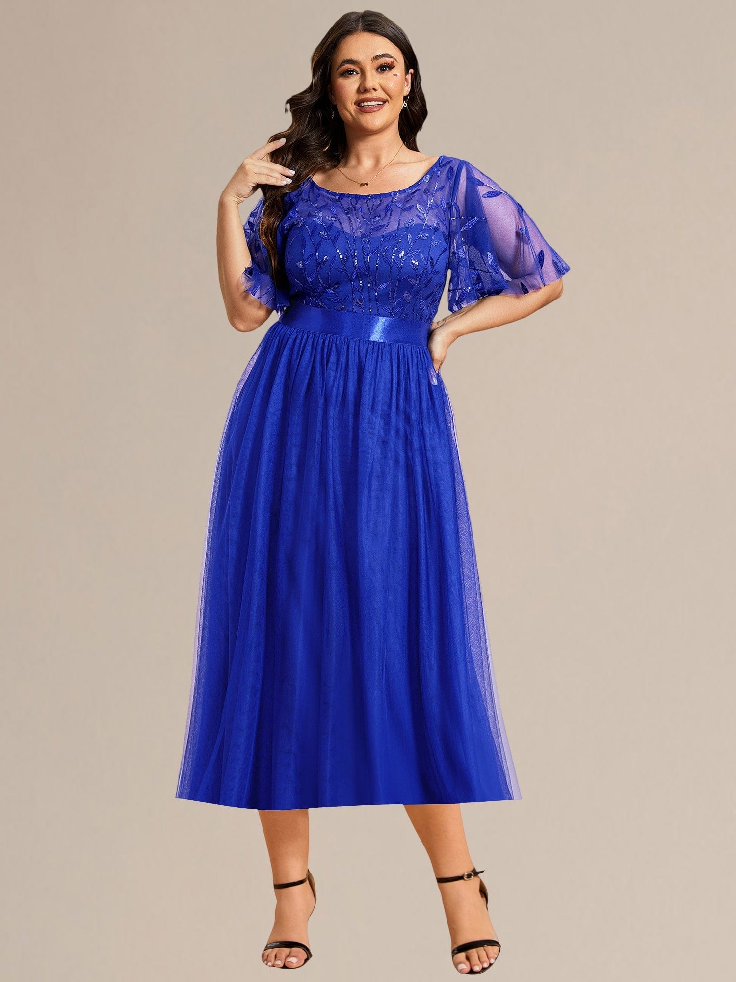 Plus Size Sequin Leaf Midi Evening Dresses #color_Sapphire Blue