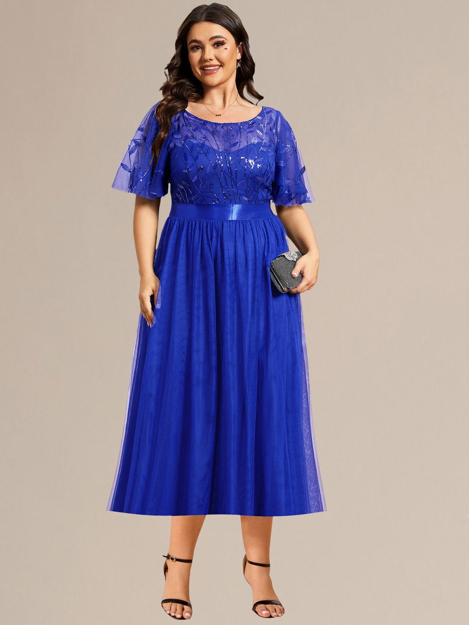Plus Size Sequin Leaf Midi Evening Dresses #color_Sapphire Blue