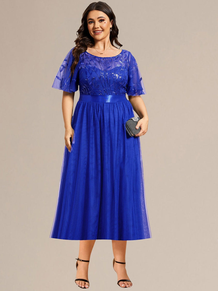 Plus Size Sequin Leaf Midi Evening Dresses #color_Sapphire Blue