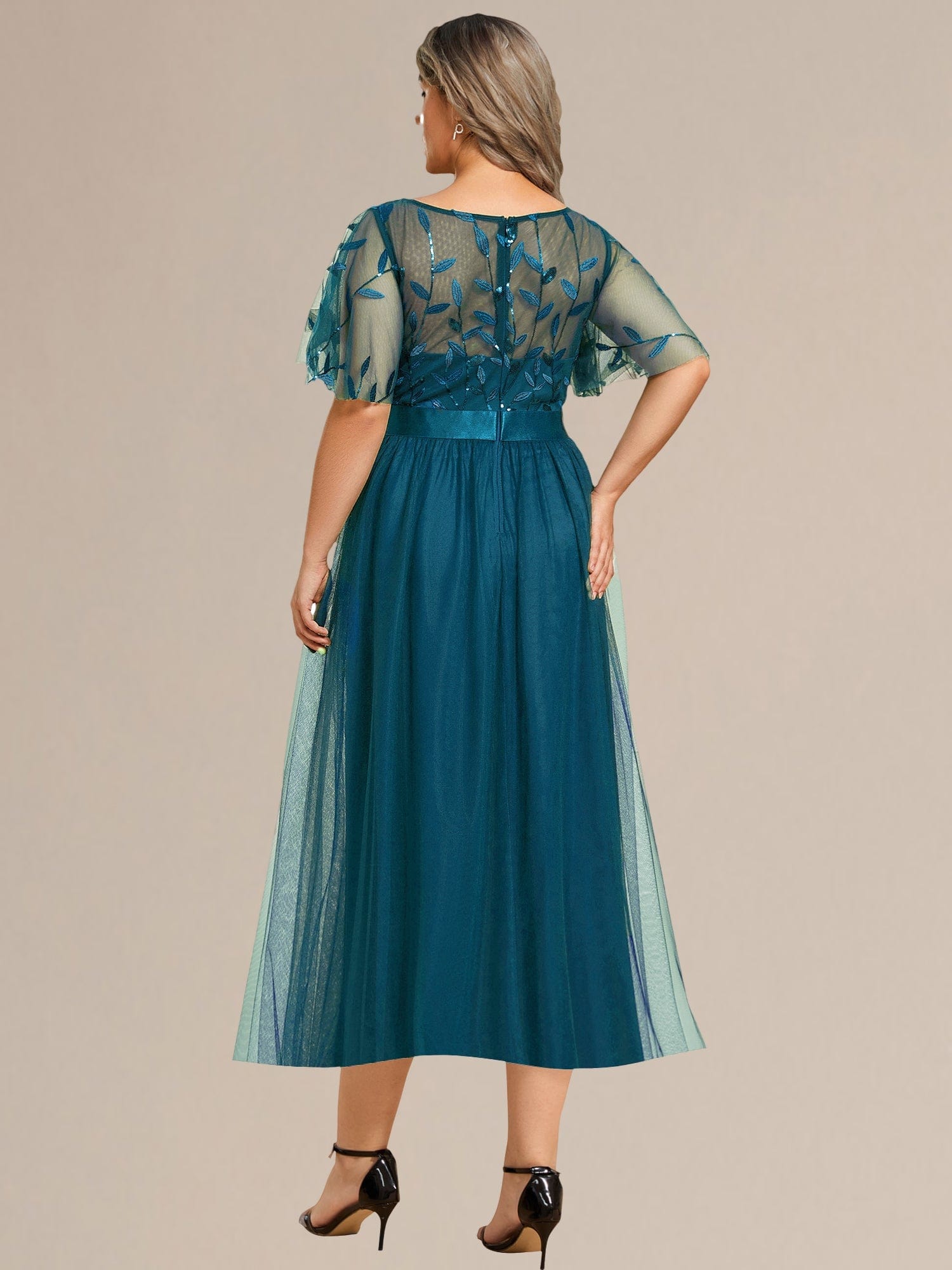 Plus Size Sequin Leaf Midi Evening Dresses #color_Teal