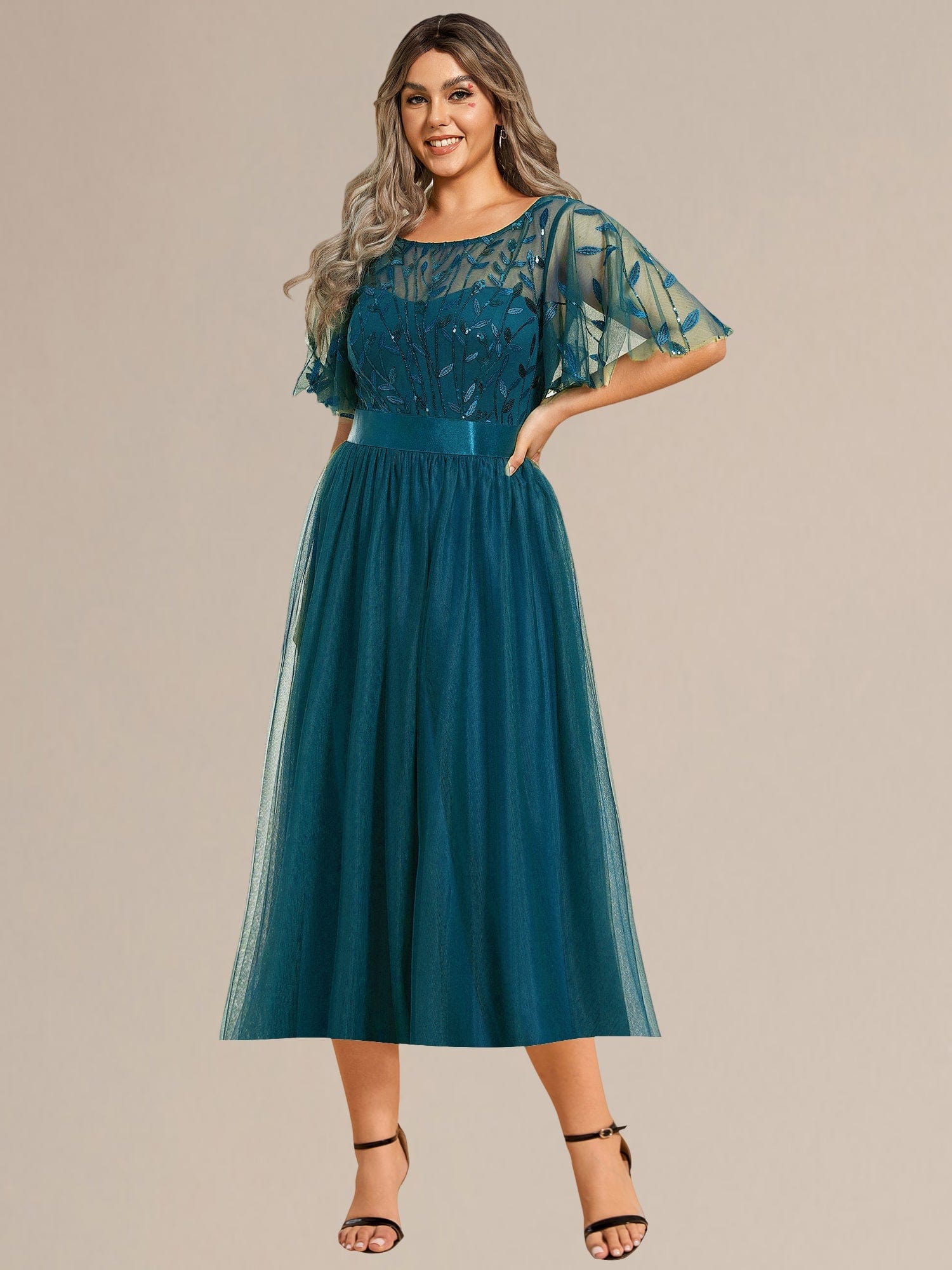 Plus Size Sequin Leaf Midi Evening Dresses #color_Teal