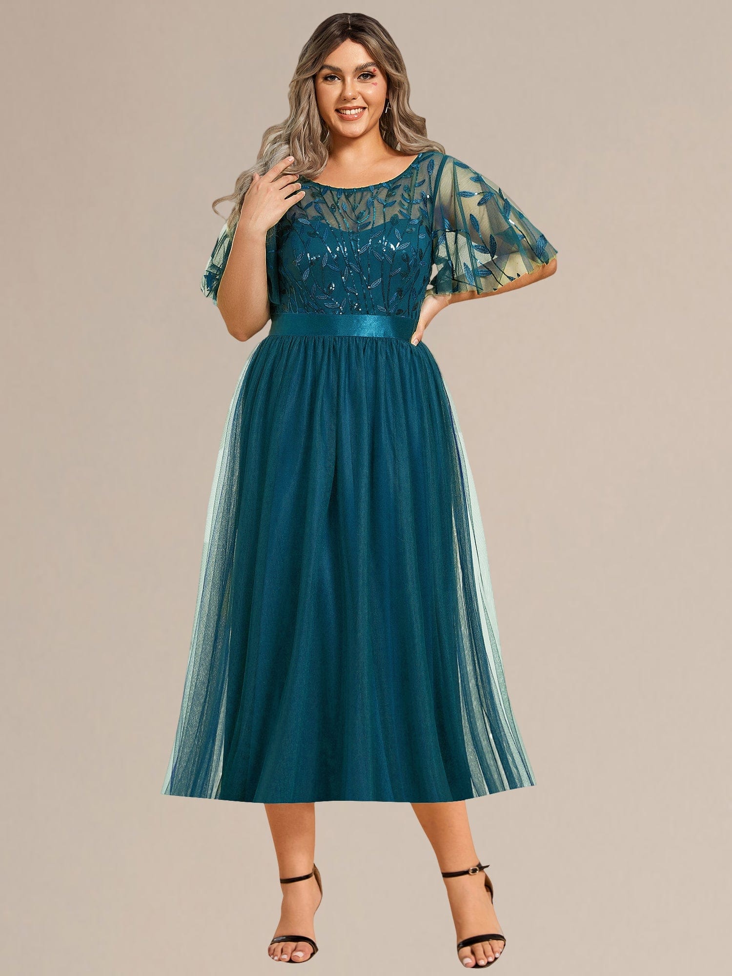 Plus Size Sequin Leaf Midi Evening Dresses #color_Teal