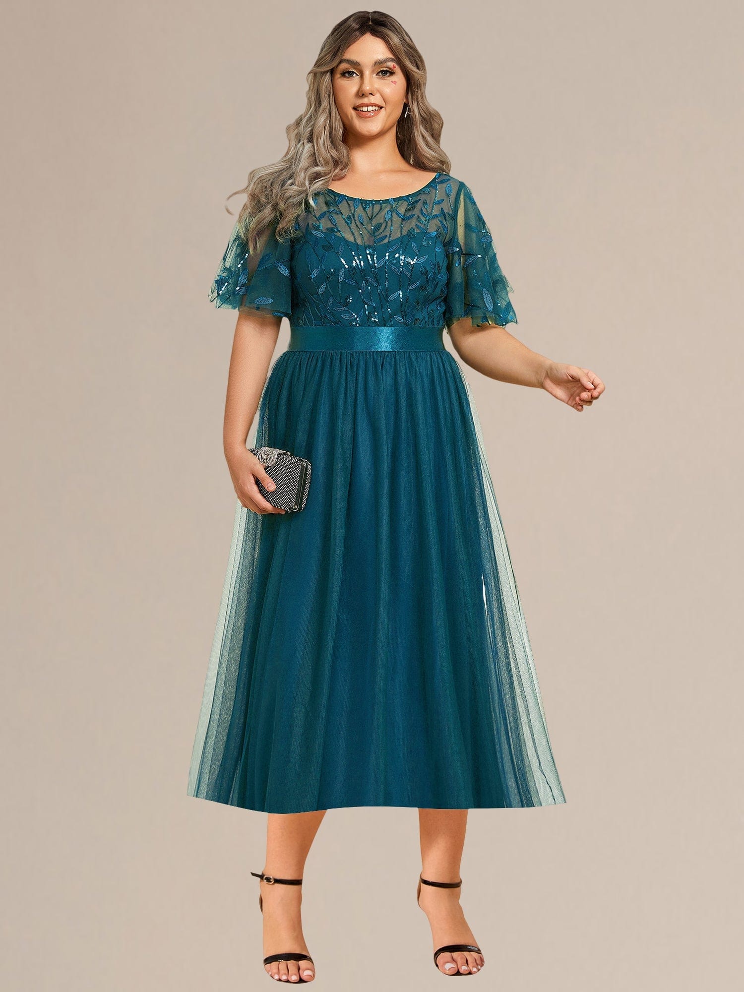 Plus Size Sequin Leaf Midi Evening Dresses #color_Teal