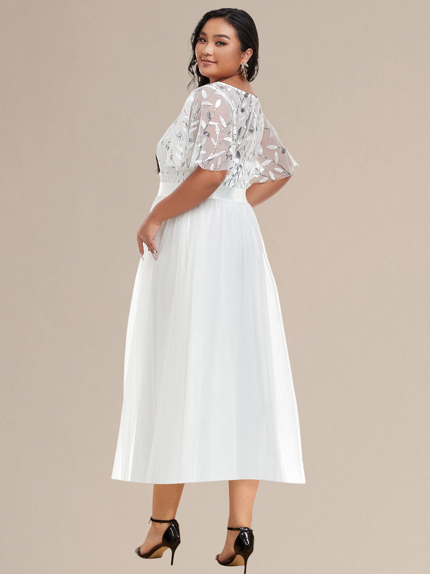 Plus Size Sequin Leaf Midi Evening Dresses #color_White