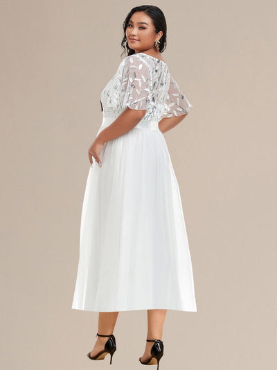 Plus Size Sequin Leaf Midi Evening Dresses #color_White