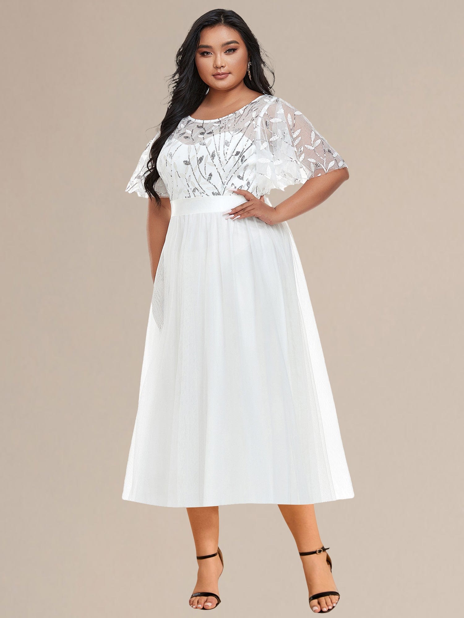 Plus Size Sequin Leaf Midi Evening Dresses #color_White