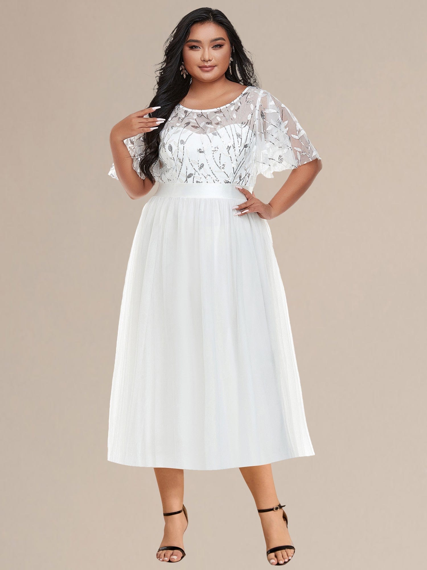 Plus Size Sequin Leaf Midi Evening Dresses #color_White