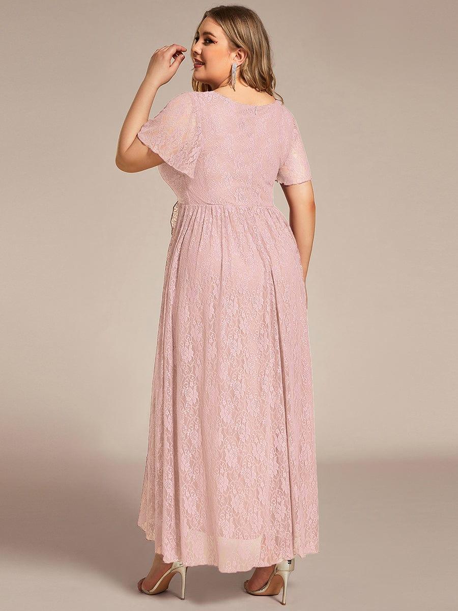 Plus Size Short Sleeve Ruffled V-Neck A-Line Lace Evening Dress #color_Pink