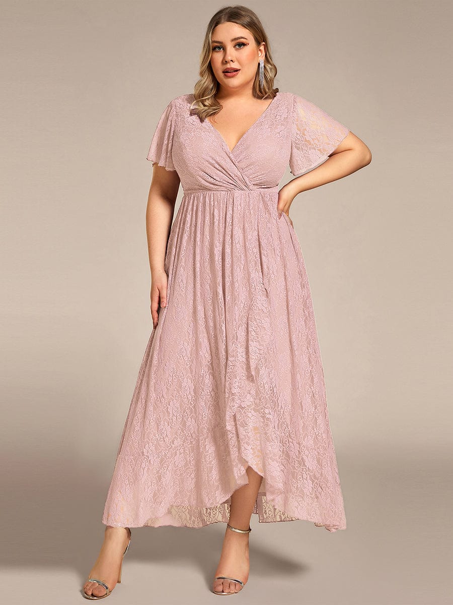 Plus Size Short Sleeve Ruffled V-Neck A-Line Lace Evening Dress