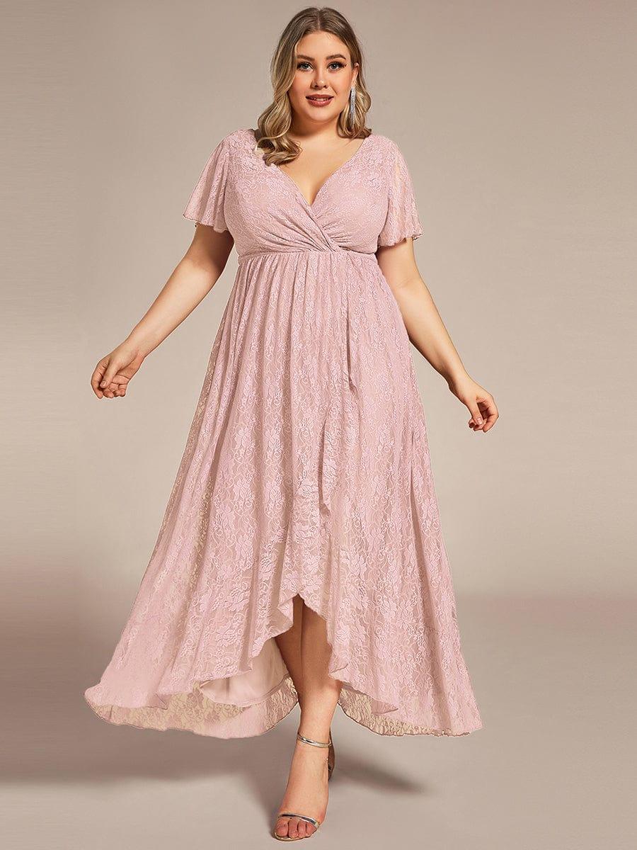 Plus Size Short Sleeve Ruffled V-Neck A-Line Lace Evening Dress #color_Pink