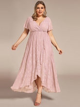 Plus Size Short Sleeve Ruffled V-Neck A-Line Lace Evening Dress #color_Pink