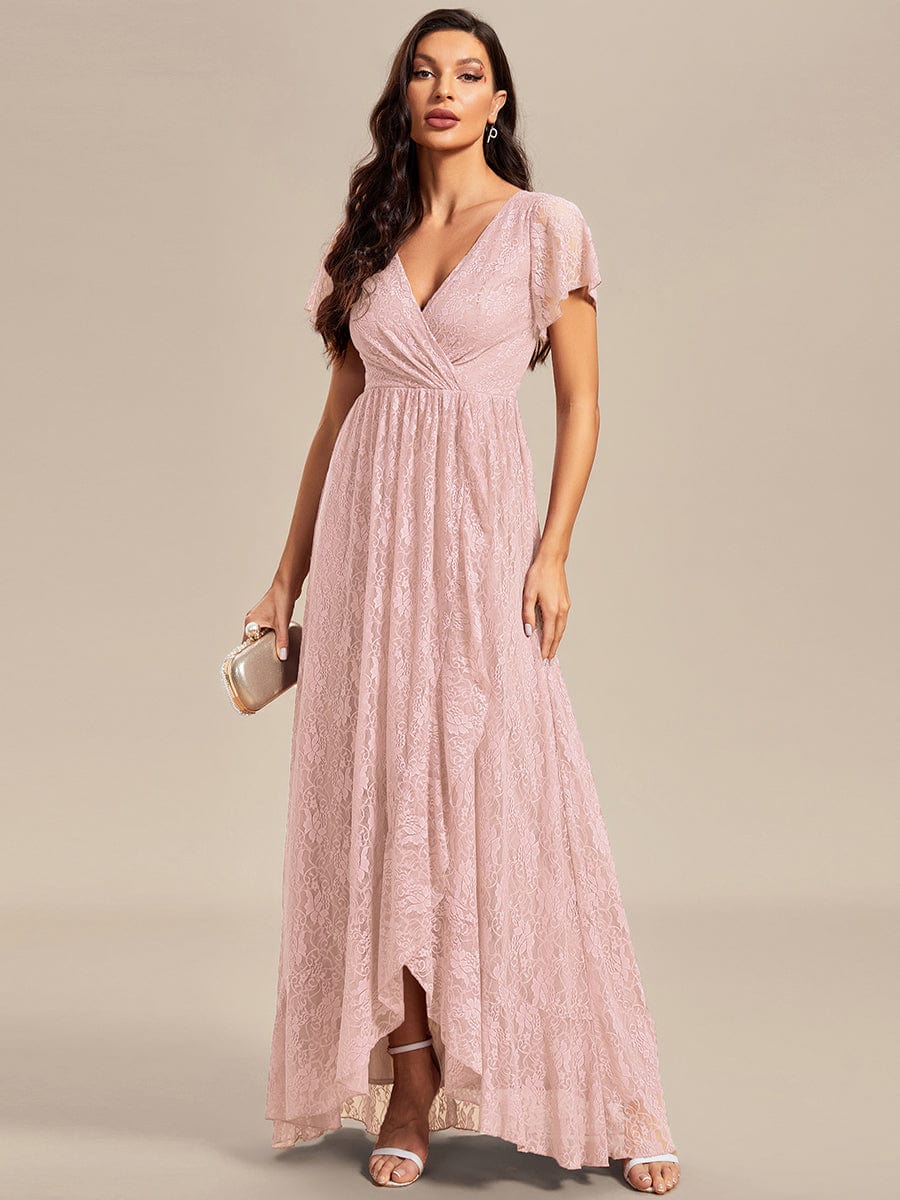 Pleated V-Neck Short Sleeve Ruffled Lace Evening Dress #color_Pink