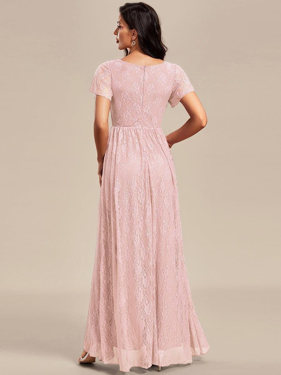 Pleated V-Neck Short Sleeve Ruffled Lace Evening Dress #color_Pink