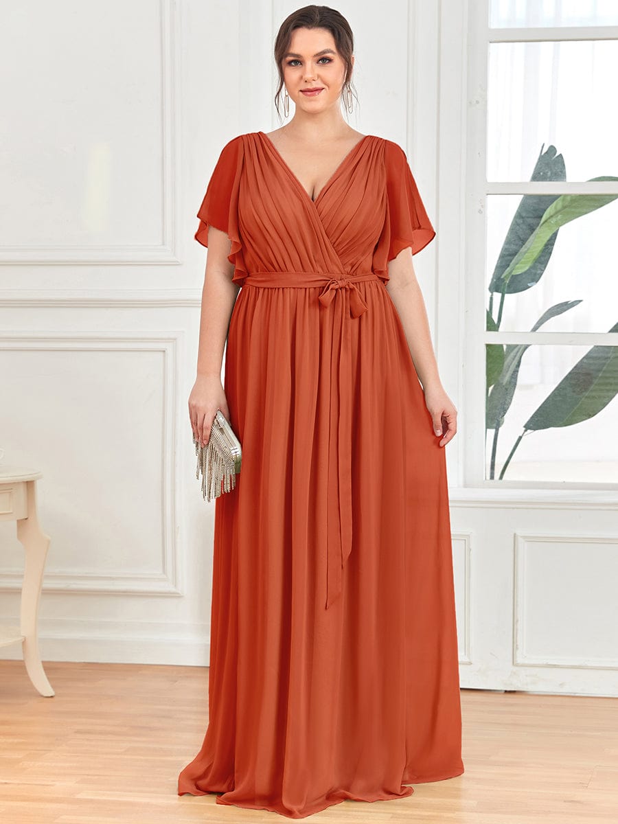 Custom Size Tie-Waist Pleated A-line Evening Dress #color_Burnt Orange