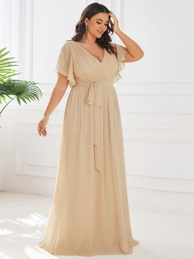 A-Line Pleated Chiffon Tie-Waist Evening Dress #color_Champagne