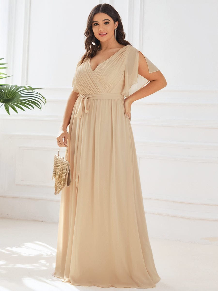 A-Line Pleated Chiffon Tie-Waist Evening Dress #color_Champagne