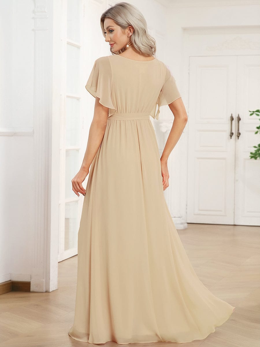 A-Line Pleated Chiffon Tie-Waist Evening Dress #color_Champagne