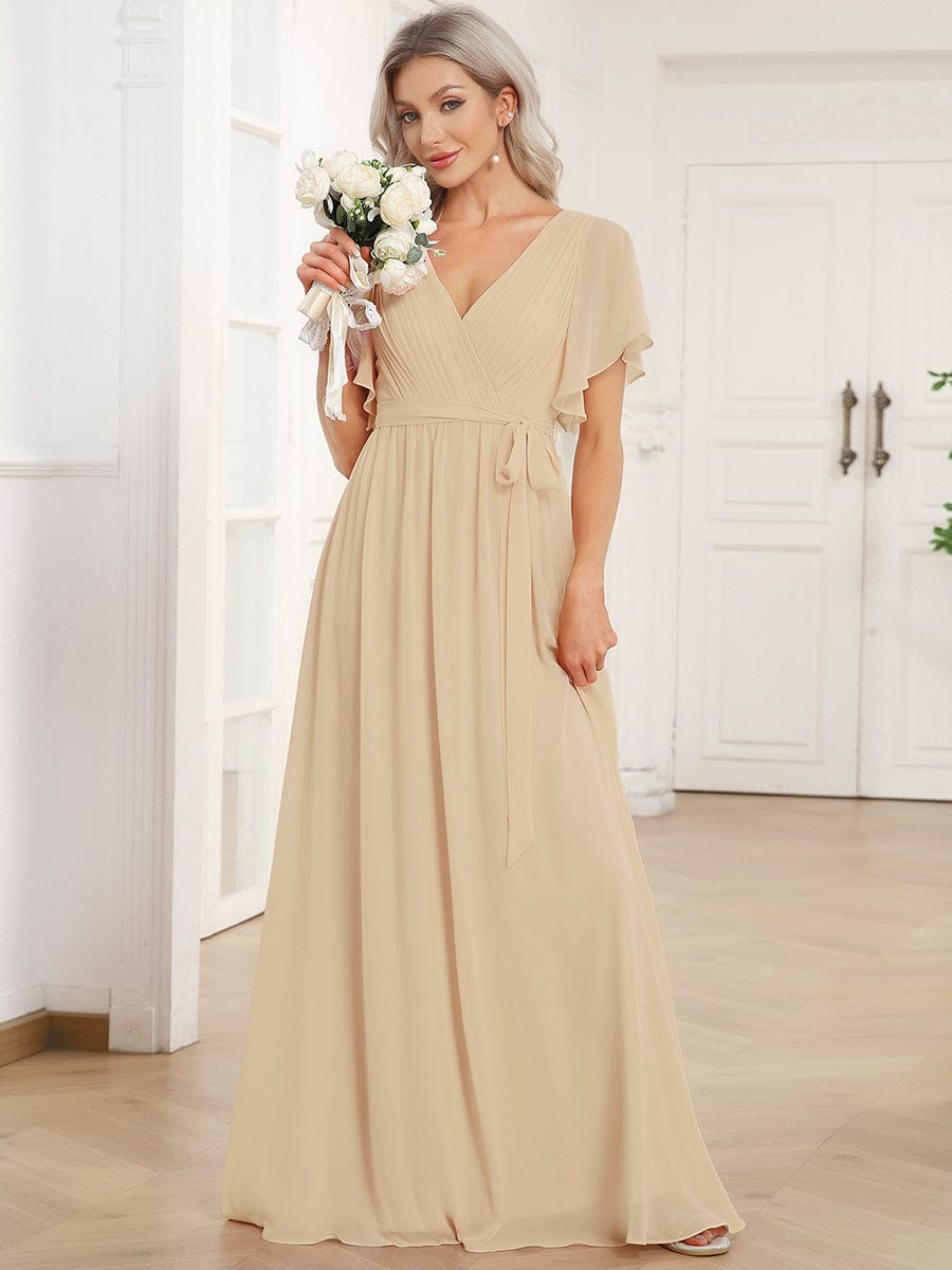 A-Line Pleated Chiffon Tie-Waist Evening Dress #color_Champagne