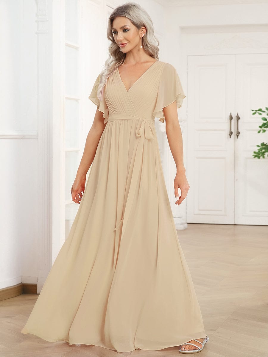 A-Line Pleated Chiffon Tie-Waist Evening Dress #color_Champagne