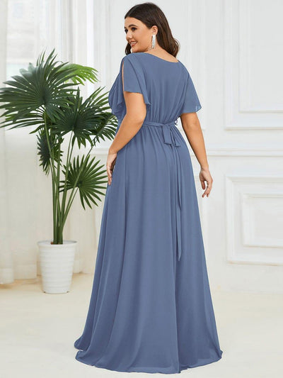 Plus Size Pleated Tie-Waist Chiffon Bridesmaid Dress #color_Dusty Blue