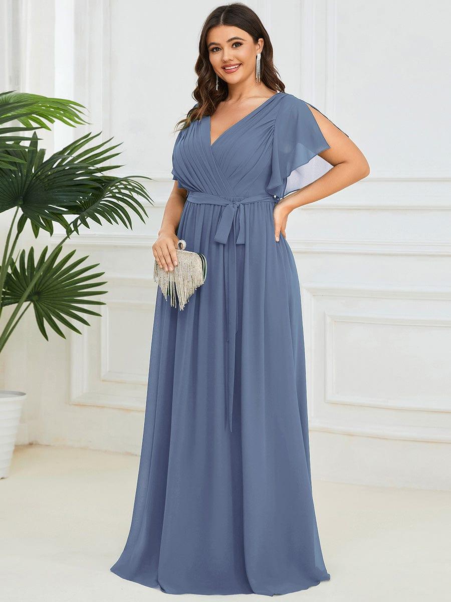 Plus Size Ruffle Pleated Chiffon Tie-Waist Evening Dress #color_Dusty Blue