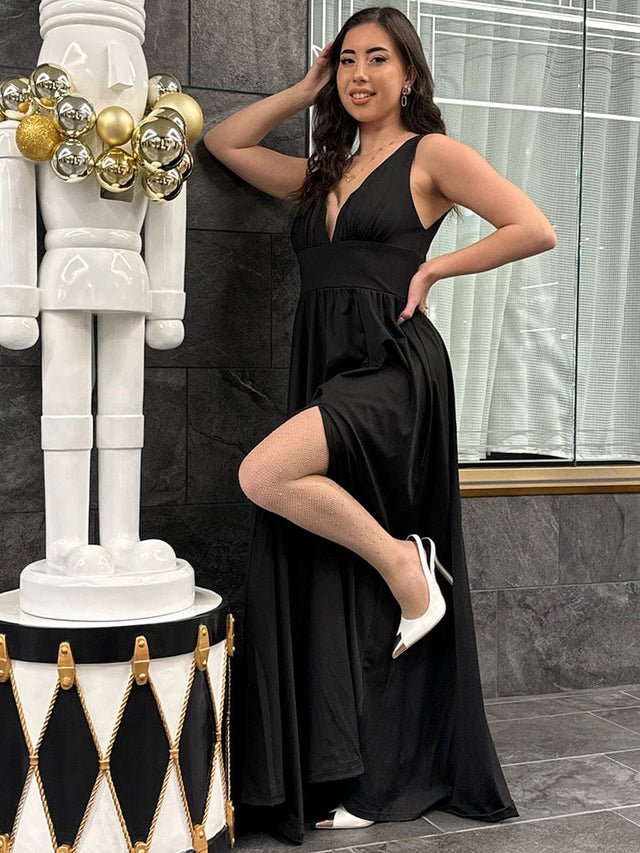 pretty SORAYA|Plus Size Sleeveless V-Neck Empire Waist High Slit Floor-Length Evening Dress Fan Photos 19
