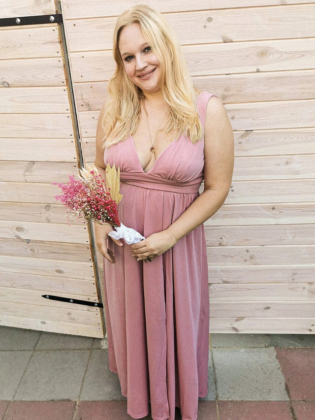 pretty SORAYA|Plus Size Sleeveless V-Neck Empire Waist High Slit Floor-Length Evening Dress Fan Photos 5
