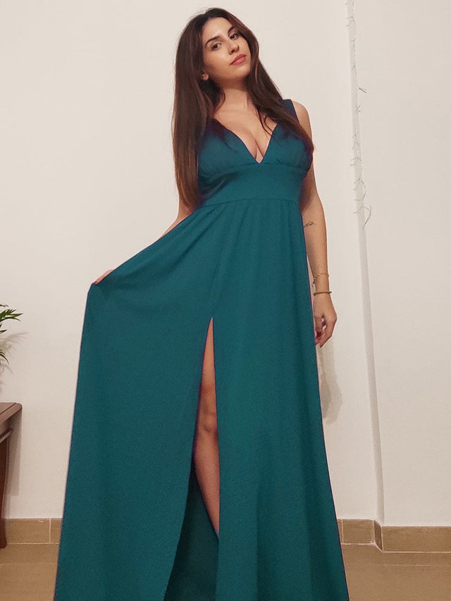 pretty SORAYA|Plus Size Sleeveless V-Neck Empire Waist High Slit Floor-Length Evening Dress Fan Photos 20
