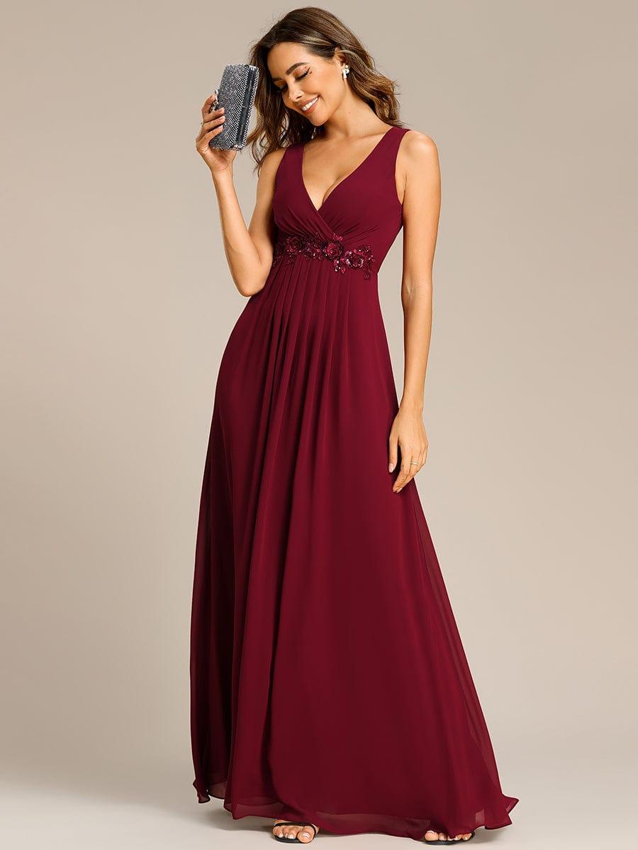 Floral Applique Sleeveless Chiffon Long Formal Evening Dress #color_Burgundy