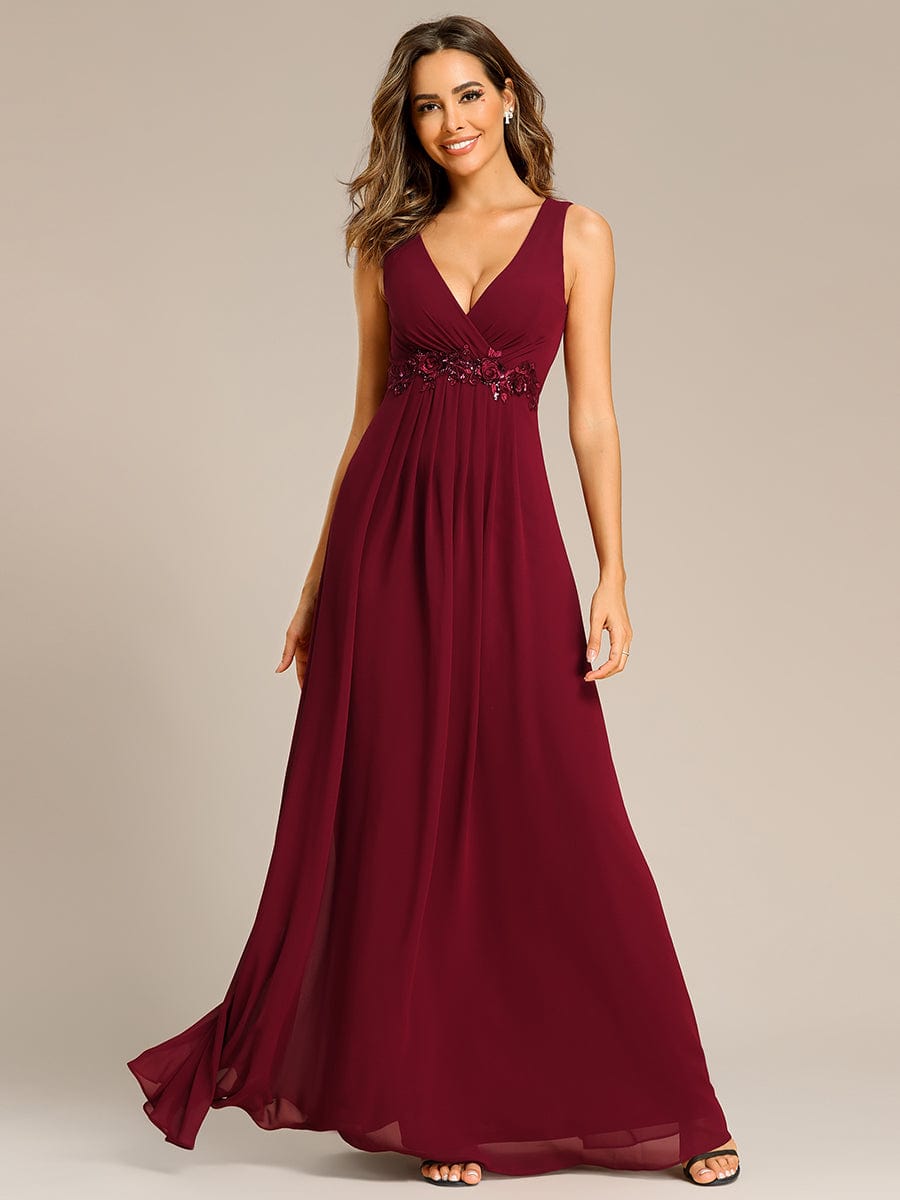 Floral Applique Sleeveless Chiffon Long Formal Evening Dress #color_Burgundy