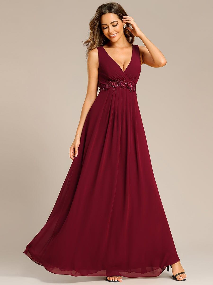 Floral Applique Sleeveless Chiffon Long Formal Evening Dress #color_Burgundy