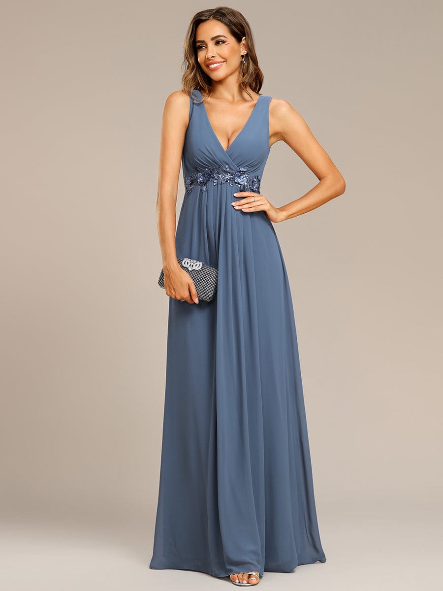 Floral Applique Sleeveless Chiffon Long Formal Evening Dress #color_Dusty Navy