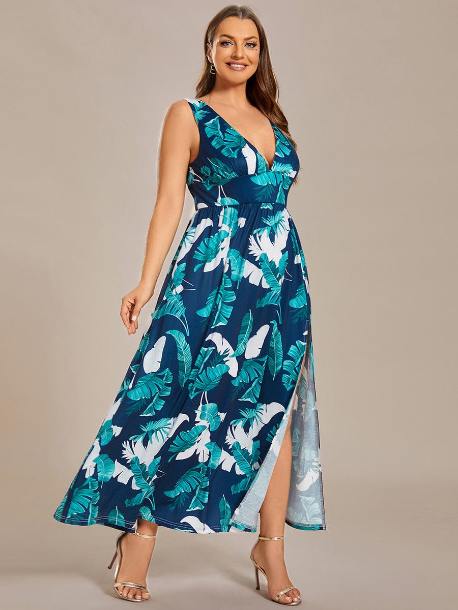 Plus Size Floral Sleeveless High-Slit Ankle Length Evening Dress
